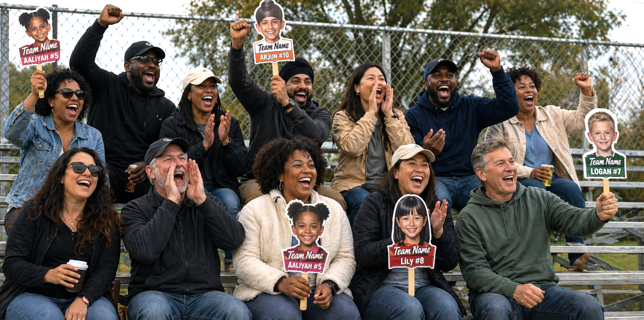 A diverse group of enthusiastic adults and grandparents sit on outdoor bleachers cheering at a sports game, many raising their arms and smiling while holding large personalized “HypeHead” signs featuring children’s faces with names and team details. 
